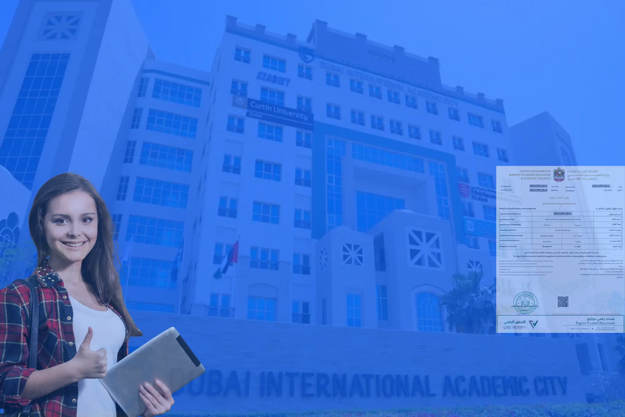 Student in front of Dubai International Academic City holding a tablet with a sample UAE Ministry of Education equivalency certificate for foreign degree recognition.