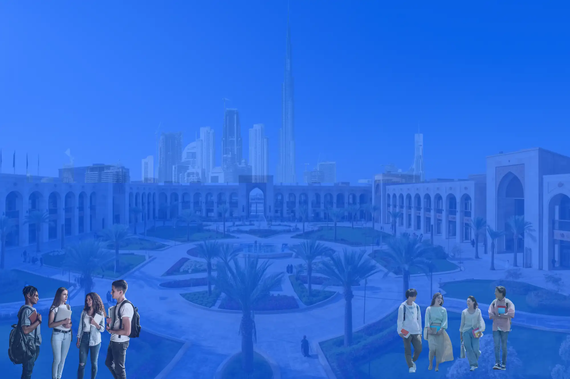 International students walking and studying on a modern UAE university campus with Dubai skyline and Burj Khalifa in the background.