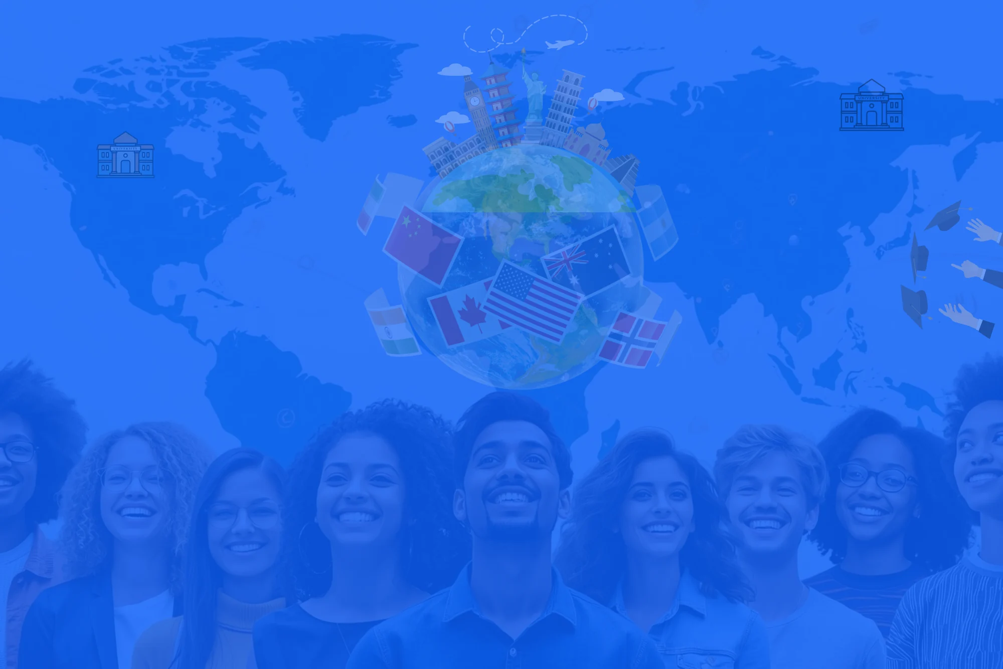 Smiling international students standing in front of a world map with global university landmarks and national flags representing top study-abroad destinations.