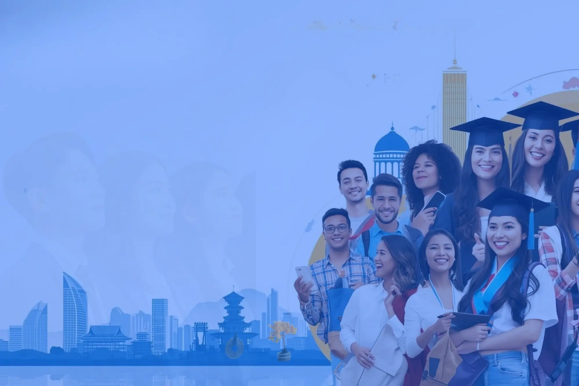"Diverse international students in graduation caps with Chinese cityscapes and landmarks, representing study abroad in China for UAE students via EduPrime."