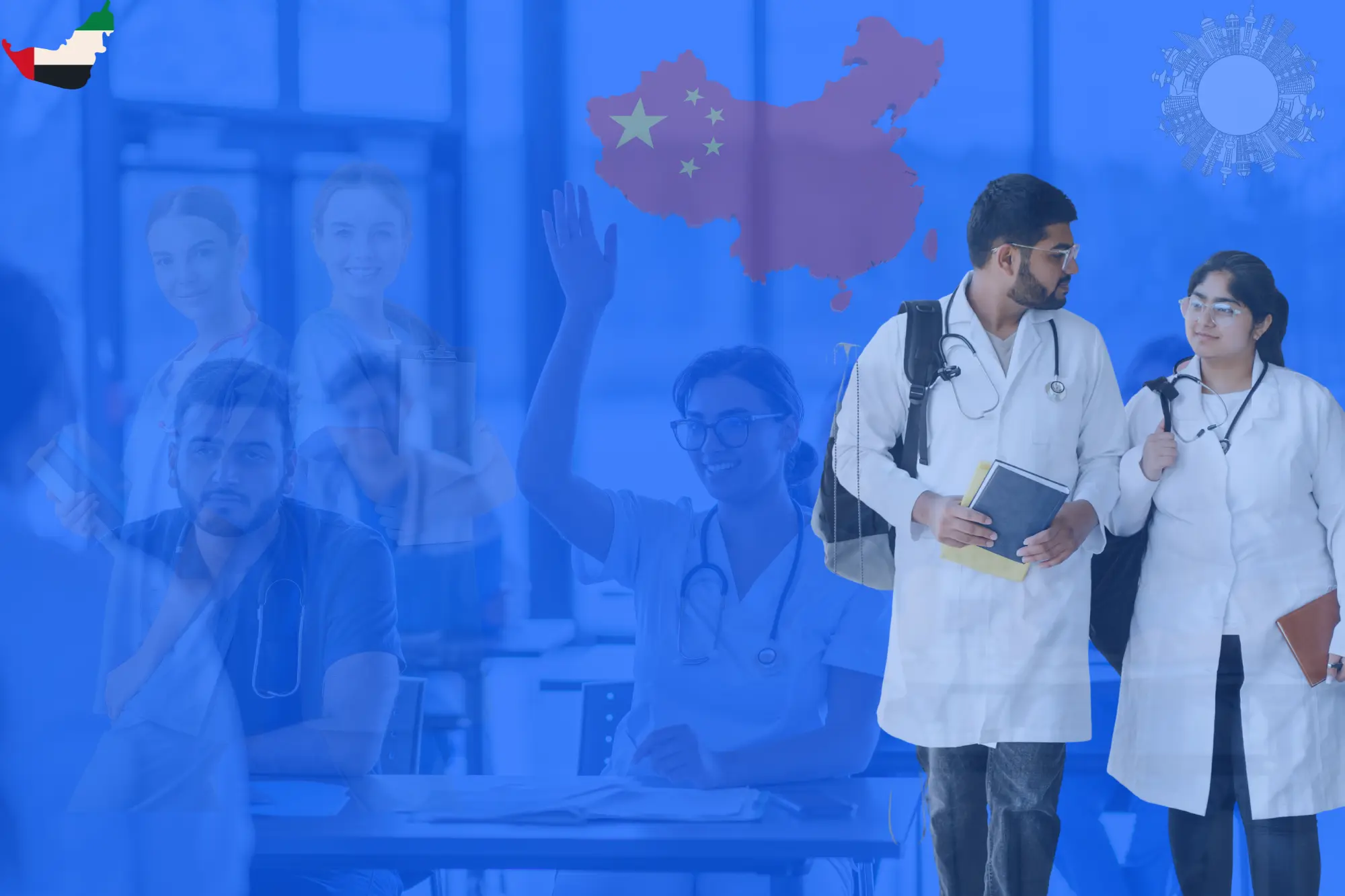 UAE students studying medicine in China, featuring MBBS, BDS, and Pharmacy students from different nationalities in a classroom and university setting.