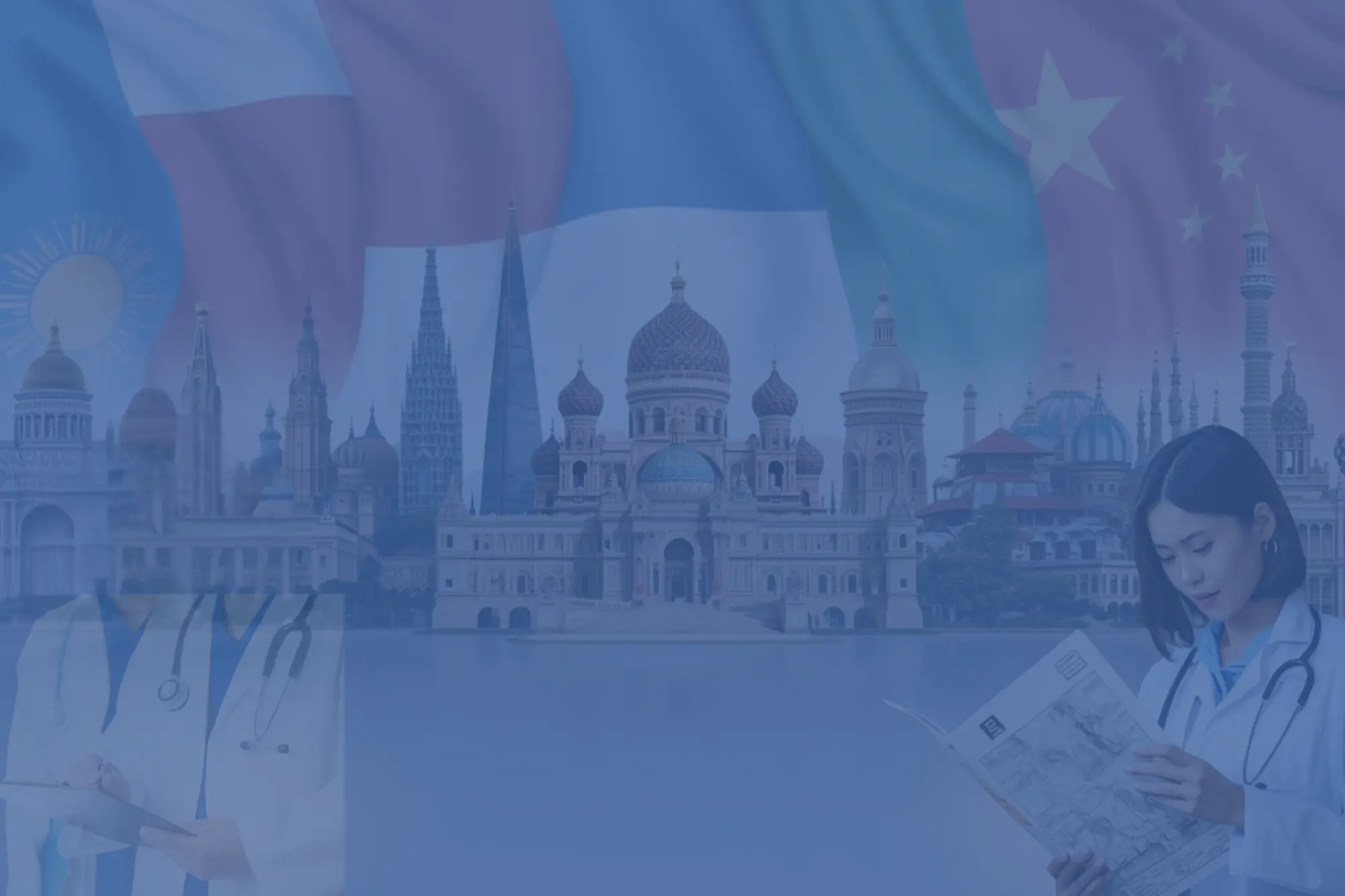 Cheapest and affordable MBBS universities abroad for UAE students featuring medical students and landmarks of Russia, China, and Georgia